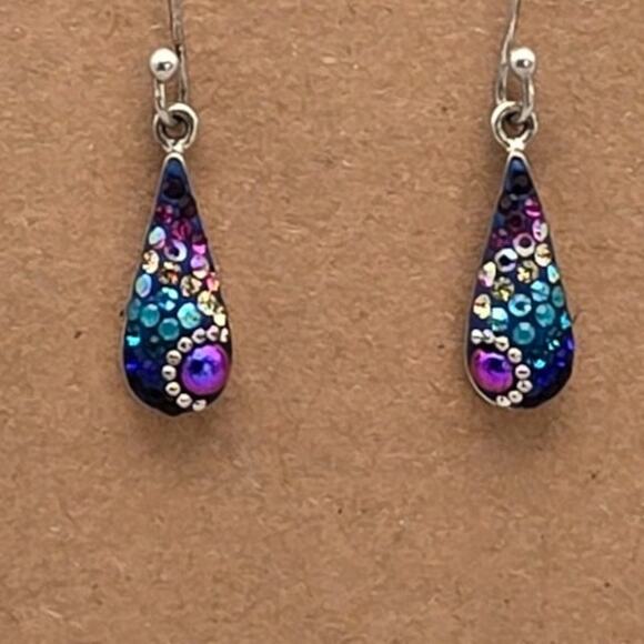 Teardrop Multi Peacock Colored Sterling Silver 925 Dangle Earrings Artsy Boho - Picture 3 of 7